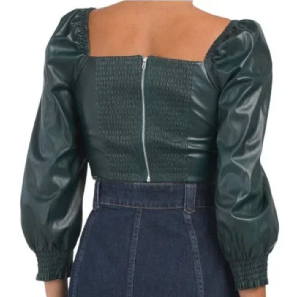 7 FOR ALL MANKIND Faux Leather Blouson Sleeve Crop Top in Black Size Small - Picture 2 of 11